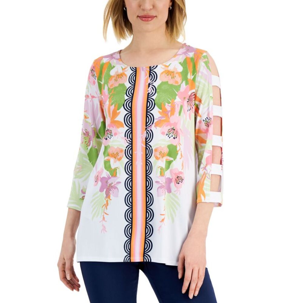 JM Collection Womens Printed Cutout-Sleeve Top